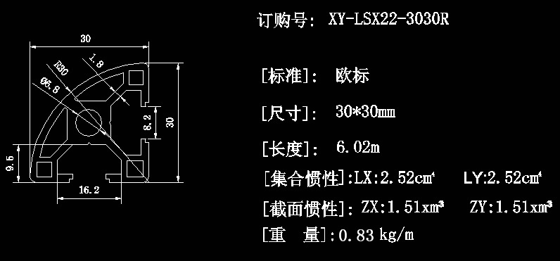供应6063-T5自动化 流水线铝型材3030R 橱柜 工作台专用截面图.jpg